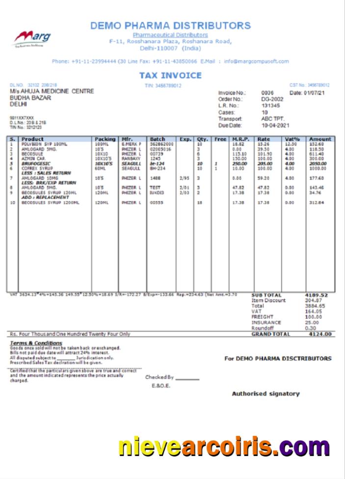 India Demo Pharma Distributor medicine consultancy services invoice